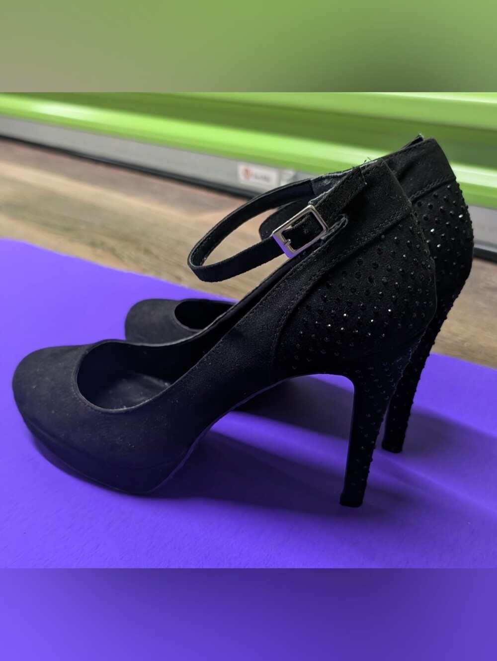Style&Co Black Ankle-Strap Faux Suede Rhinestone Platform Pumps Women's Size 10